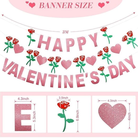 NWTValentines Day Banner Happy Valentine's Day Banner Red Glittery Heart Garland - Picture 2 of 4